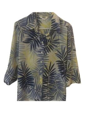 Vtg 90s ALIA Petite Tropical Floral Blouse Textured Crinkle Palm Print Size 12P